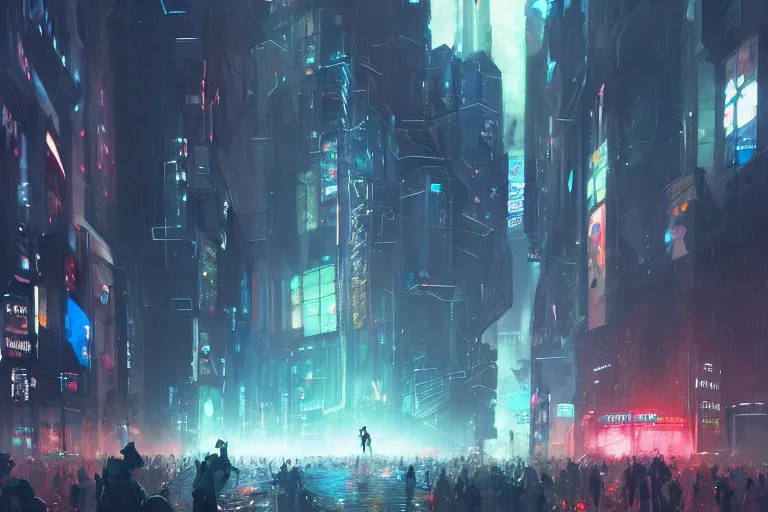 Prompt: dramatic artstation illustration of a crowd surrounding a giant holographic avatar at a city intersection by greg rutkowski, cyberpunk, raining
