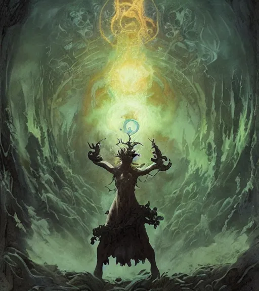 Image similar to a druid at the beginning of the world by alan lee and peter mohrbacher and frank frazetta and mike mignola