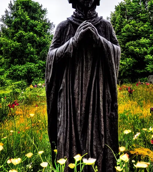 Prompt: mystical black death god statue in graveyard surrounded tall meadow of flowers, dslr photo, grainy, high detail, high resolution