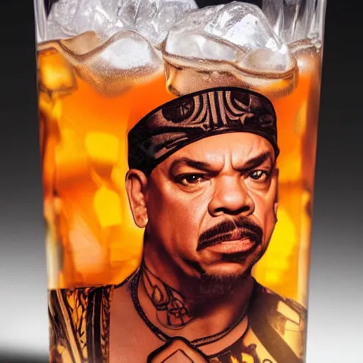 Prompt: ice - t, in tall iced tea glass, by alfons mucha, golden hour, realistic, body shot, sharp focus, 8 k high definition, insanely detailed, intricate, elegant, lime, lemon