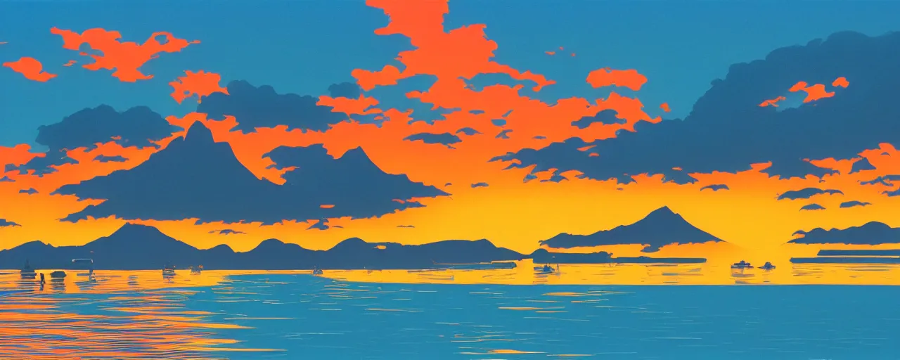 Image similar to serene bora bora landscape, golden hour, hiroshi nagai