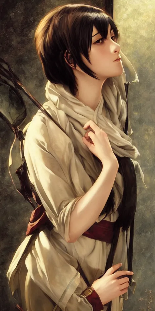 Prompt: Mikasa Ackerman, oil on canvas, ArtStation, by J. C. Leyendecker and Edmund Blair Leighton and Charlie Bowater