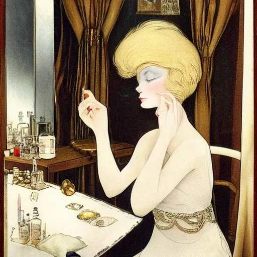 Image similar to a young woman seated at a dressing table, looking at herself in a mirror. She is wearing a white dress and a pearl necklace. Her hair is styled in a loose updo. On the table in front of her are several perfume bottles and a box of powder. dieselpunk by John Bauer