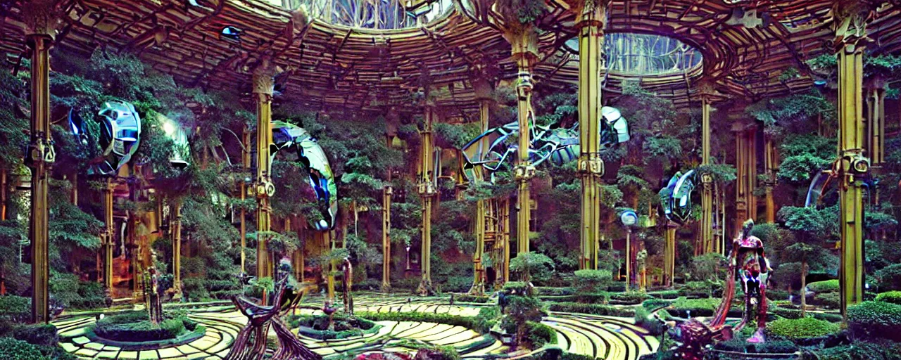 Image similar to a luxurious scifi futuristic victorian garden courtyard by killian eng, moebius, philippe druillet