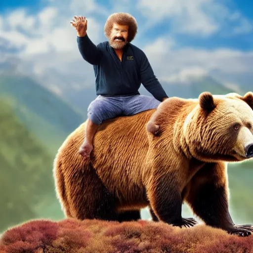 Image similar to bob ross riding on the back of a brown bear, a colorized photo by giuseppe bernardino bison, shutterstock contest winner, digital art, national geographic photo, stockphoto, majestic