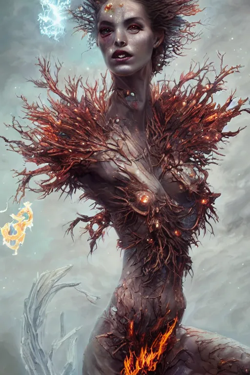 Image similar to torso closeup model wearing exploding fire crystal dress, rotten tree spirit dryad with a beautiful face, sorcerer, diamonds, angel, fantasy, dramatic lighting, highly detailed, digital painting, holding electricity, magic the gathering, hyper detailed, 3 d render, hyper realistic detailed portrait, peter mohrbacher, wlop, ruan jia