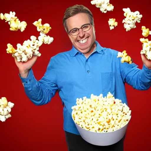 Prompt: an infomercial character unable to carry all the popcorn, popcorn overflowing their arms in a comical fashion getting everywhere uncontrollably