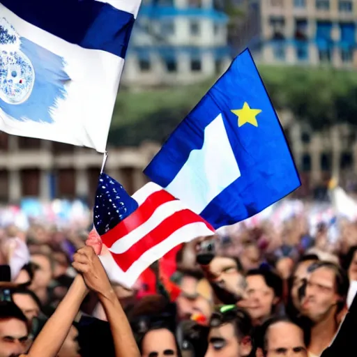 Image similar to Lady Gaga as president, Argentina presidential rally, Argentine flags behind, bokeh, giving a speech, detailed face, Argentina