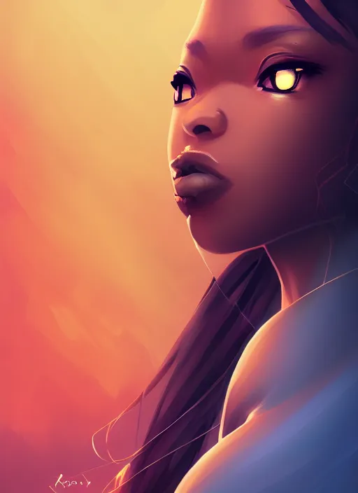 Image similar to attractive female portrait of african ninja, cloud background, rul of thirds, uplight, intricate, symmetrical!!, anime, prism highlights, depth of field, cinematic, filmic, vsco, concept art, artstation, digital painting, elegant, epic, focus