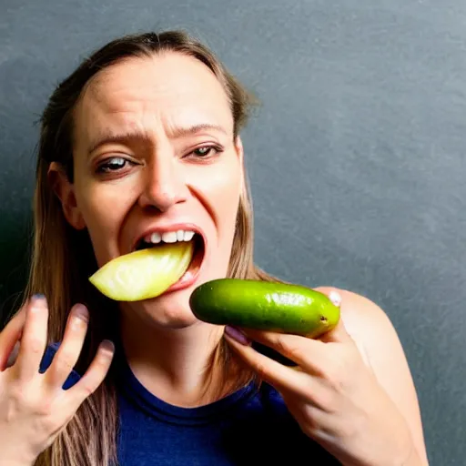 Image similar to a photo of a person unable to eat a pickle properly