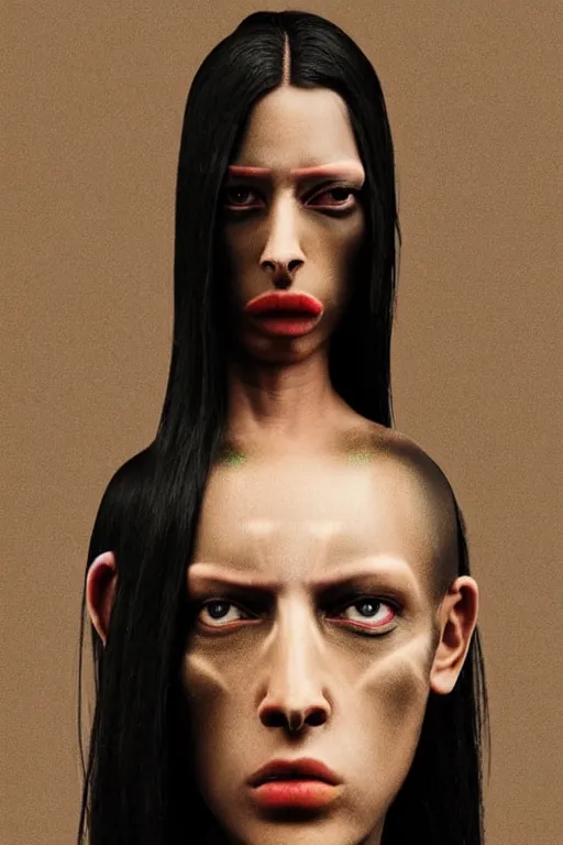 Image similar to rick owens campaign featuring jar jar binks as a female cowgirl, long eyeslashes, huge juicy lips, big seductive eyes, unprocessed colors, # nofilter, realistic vfx simulation