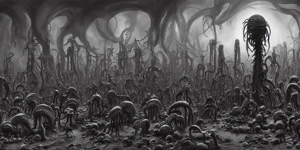 Prompt: a crowd of eldritch lovecraftian fungus gods - things by wayne barlowe, edward hopper, greg rutowski, h. r. giger, and tim burton. 8 k 3 d 8 k resolution photorealistic concept art. dark dystopian biopunk, post apocalyptic surrealism.