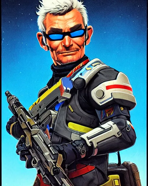 Image similar to soldier 7 6 from overwatch, white hair, character portrait, portrait, close up, concept art, intricate details, highly detailed, vintage sci - fi poster, retro future, in the style of chris foss, rodger dean, moebius, michael whelan, and gustave dore