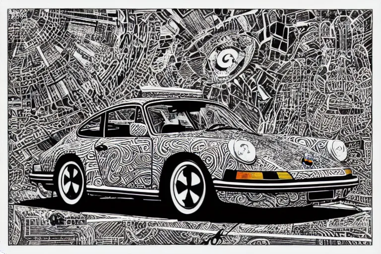 Prompt: a black and white drawing of a porsche 9 1 1, a detailed mixed media collage by hiroki tsukuda and eduardo paolozzi and moebius, intricate linework, sketchbook psychedelic doodle comic drawing, geometric, street art, polycount, deconstructivism, matte drawing, academic art, constructivism