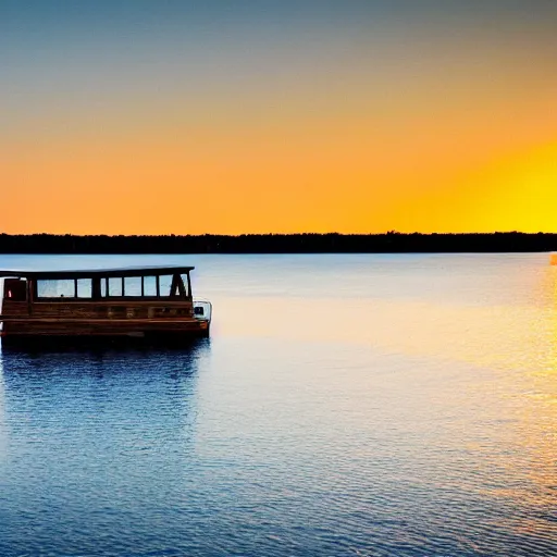 Prompt: a photo of a house boat on the water, sunset