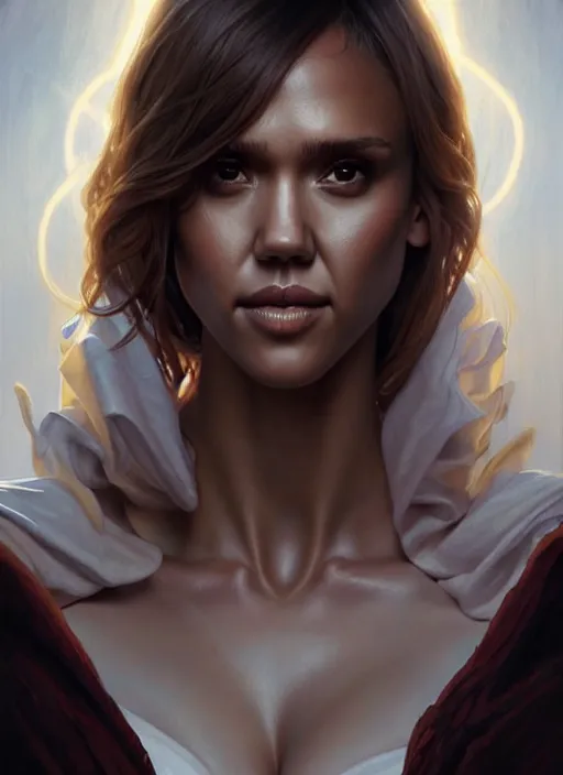 Prompt: Jessica alba the pure white demon, overlord, overlord season 4, body portrait, slight smile, highly detailed, digital painting, artstation, concept art, sharp focus, illustration, art by wlop and greg rutkowski and alphonse mucha and artgerm