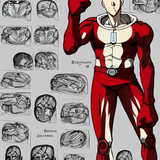 Image similar to anatomical, labelled, medical drawing of saitama with annotations to body parts, one punch man anime