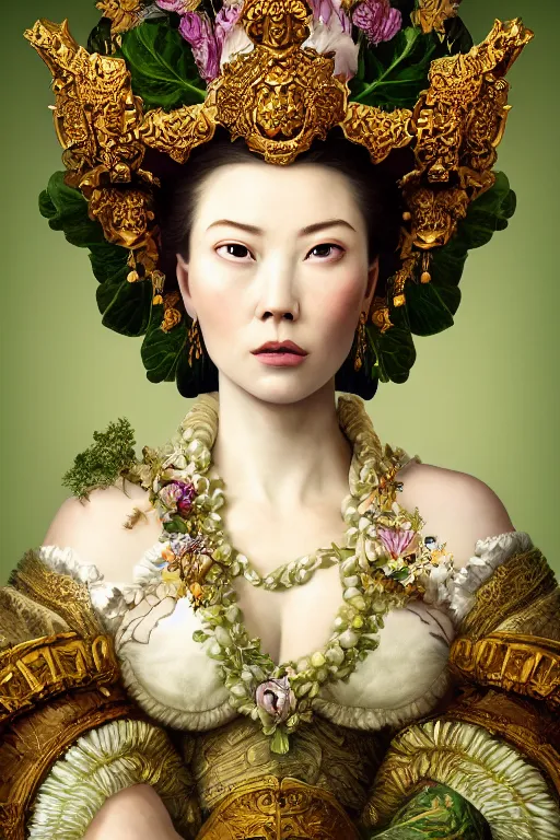 Image similar to a beautiful empress portrait, with a brilliant, impossible striking big salad headpiece, clothes entirely made out of salad, everything salad, symmetrical, dramatic studio lighting, rococo, baroque, greens, asian, hyperrealism, closeup, D&D, fantasy, intricate, elegant, highly detailed, digital painting, artstation, octane render, 8k, concept art, matte, sharp focus, illustration, art by Artgerm and Greg Rutkowski and Alphonse Mucha