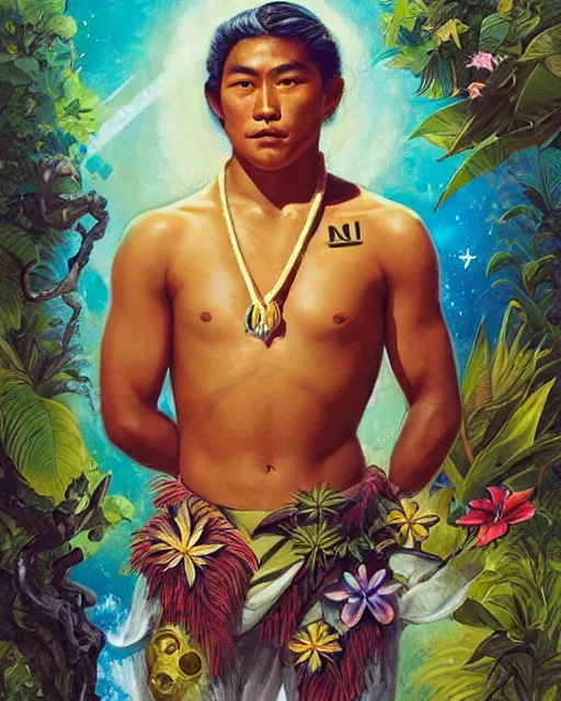 Image similar to young duke kahanamoku as a hawaiian warrior emerging from a surrounded intergalactic planets connected by streams of multiversal flow, sigma male, gigachad, lush garden of majestic flowers, visually stunning, luxurious, by wlop, james jean, jakub rebelka, tran nguyen, peter mohrbacher, yoann lossel