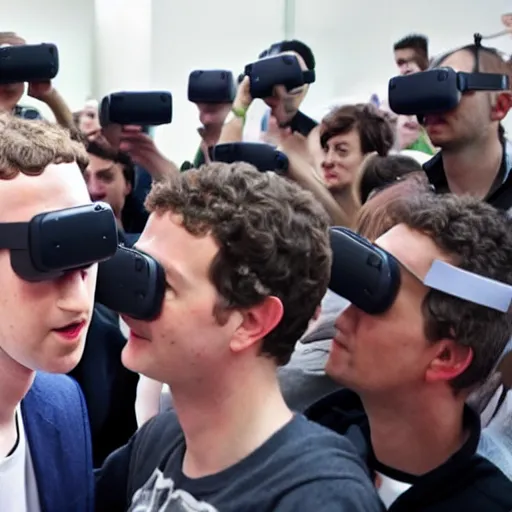 Prompt: mark zuckerberg towering over a crowd of civilians who are wearing VR headsets