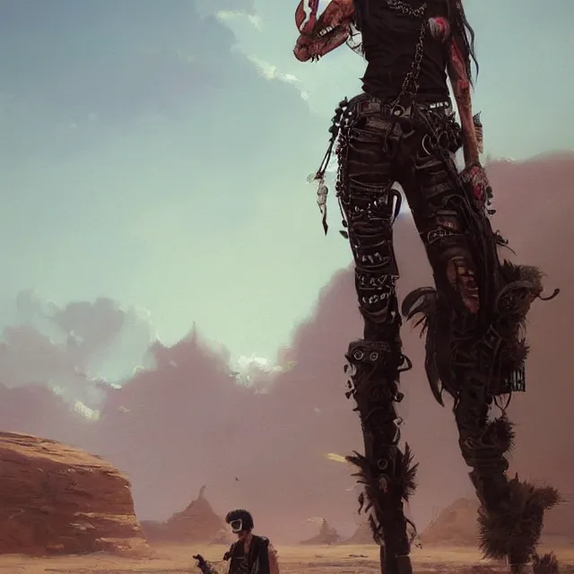 Image similar to a painting of a punk rocker in the desert by greg rutkowski, dark fantasy art, high detail, trending on artstation