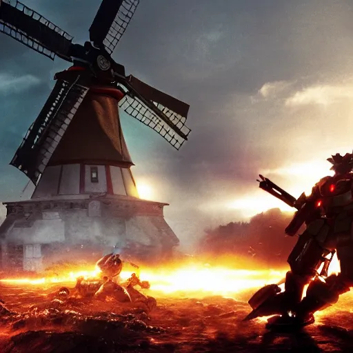 Image similar to gundam as dutch windmill in gears of war, splash art, movie still, cinematic lighting, ray tracing, octane render, long lens, shallow depth of field, bokeh, anamorphic lens flare, 8 k, hyper detailed, 3 5 mm film grain