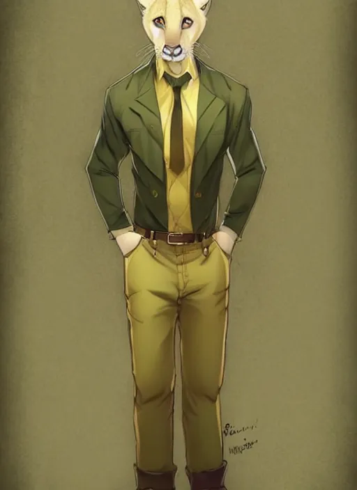 Prompt: beautiful portrait commission of a male furry anthro!!! albino mountain lion wearing a yellow dress shirt, olive green slacks, and suspenders. Atmospheric. Character design by charlie bowater, ross tran, artgerm, and makoto shinkai, detailed, inked, western comic book art