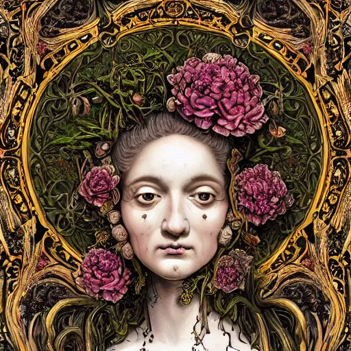 Prompt: a beautiful detailed front view baroque portrait of a rotten woman corpse with fractal plants and fractal flowers and mushrooms growing around, intricate, symmetrical, ornate, ornamentation, bones, art nouveau style