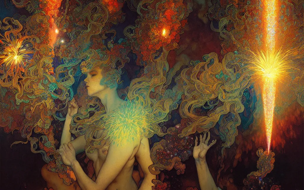 Prompt: psychedelic transcendent puffs of smoke explosion, fireworks, pillars of creation, enlightenment, high contrast lighting, highly detailed, concept art, art by collier, albert aublet, krenz cushart, artem demura, alphonse mucha