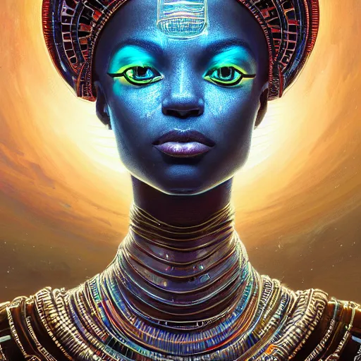 Image similar to highly detailed portrait of an african neon egyptian goddess, intricate alien technology, stephen bliss, unreal engine, fantasy art by greg rutkowski, loish, rhads, ferdinand knab, makoto shinkai and lois van baarle, ilya kuvshinov, rossdraws, tom bagshaw, global illumination, radiant light, detailed and intricate environment