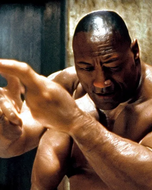 Image similar to film still close - up shot of dwayne johnson as john coffey petting a mouse in the movie the green mile. photographic, photography