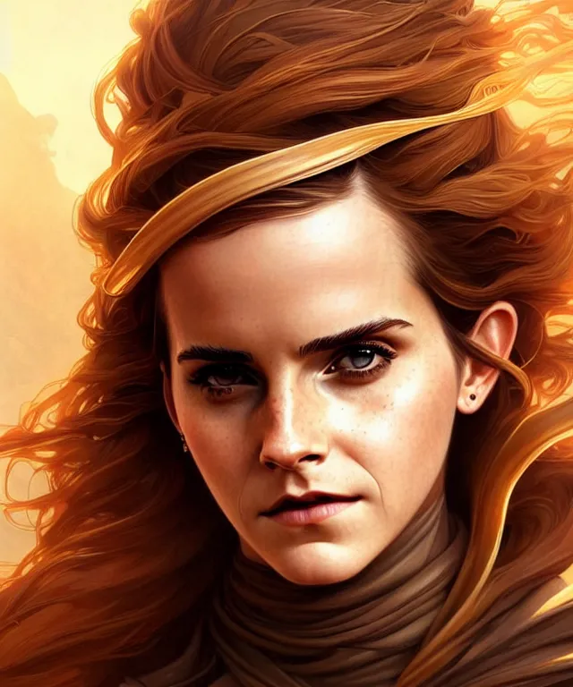 Image similar to Emma Watson as a dune princess, sci-fi, amber eyes, face, long hair, fantasy, intricate, elegant, highly detailed, digital painting, artstation, concept art, smooth, sharp focus, illustration, art by artgerm and greg rutkowski and alphonse mucha