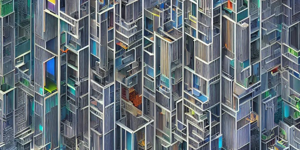 Prompt: high tech building cluster varying heights with exposed sections designed by paul rudolph and frank lloyd wright and moebius and nicolas party, trending on artstation, rectilinear, isometric, isometric view, digital art, game art, 8 k, photorealistic, dramatic lighting, colourful matte painting