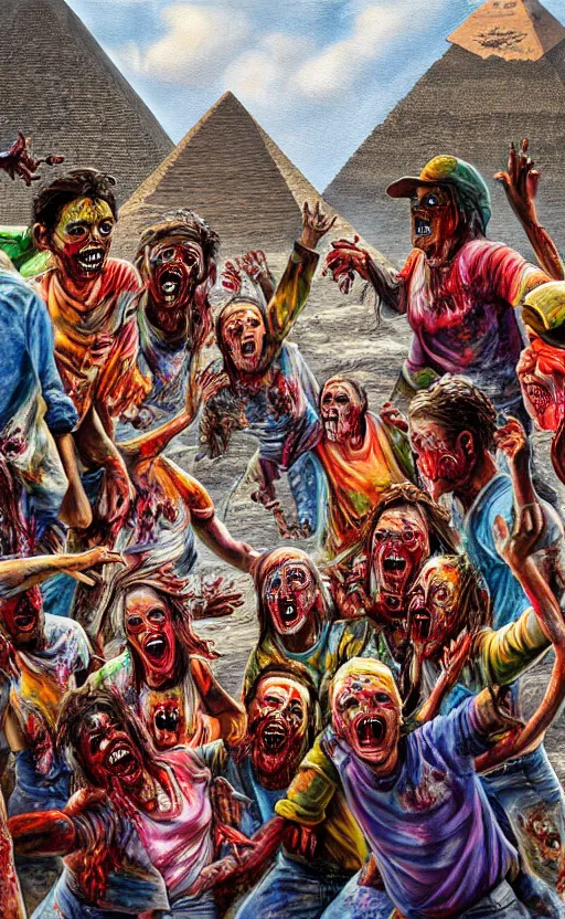 Prompt: beautiful detailed photorealistic painting of a group of friends dressed as zombies in front of the pyramid of giza. they are smiling and having fun. the friends are happy and having fun. vibrant, high quality, vibrant colors, very funny, beautiful, hq. hd. 4 k. award winning. trending on artstation