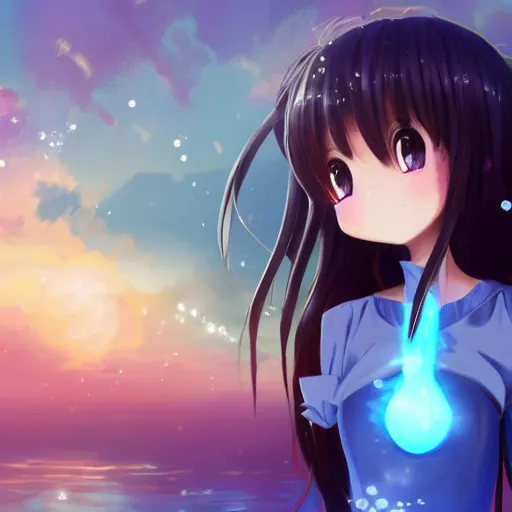 Image similar to advanced digital painting , a very cute anime girl wearing a dress made of water standing in a crystal lake turning into mist , full body, very long black hair, azure blue watery eyes, full round face, cinematic lighting, MCU, mid-shot, highly detailed, trending on artstation, Unreal Engine 4k, Artgerm , WLOP, Rossdraws, James Jean, Andrei Riabovitchev, Marc Simonetti, and Sakimichan