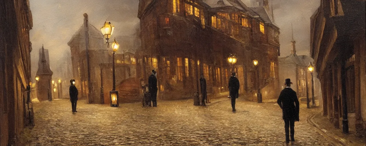 Prompt: oil painting of a Victorian gentleman walking down a cobblestone street, painting , night lot street, oil lamps