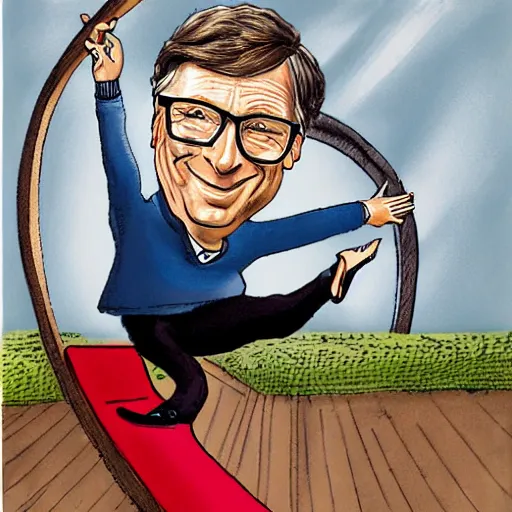 Prompt: caricature of Bill Gates pole vaulting over a giant chair