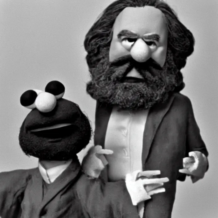 Image similar to 70s movie still of Karl Marx as a puppet in the muppet show, heavy grainy picture cinemastill 800t 18mm