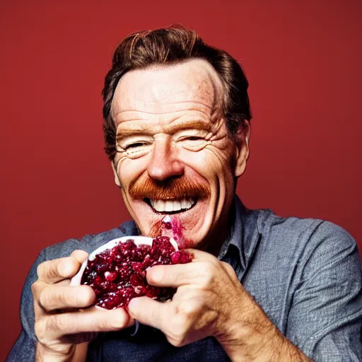 Image similar to closeup portrait of happy bryan cranston with open mouth filled with cranberies, eating cranberries, food photography, natural light, sharp, detailed face, magazine, press, photo, steve mccurry, david lazar, canon, nikon, focus