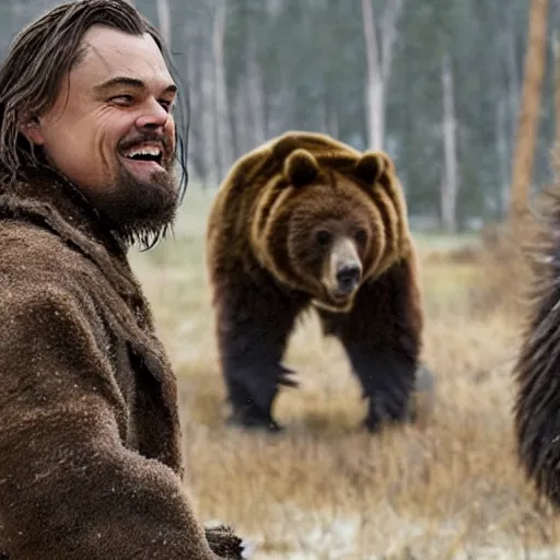 Image similar to leornado dicaprio shrugs and laughs at a bear in a scene from the revenant, beautiful cinematic photography