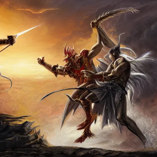 Image similar to The Son of the Sun God fighting the Son of the Thunder God, epic fantasy art, detailed