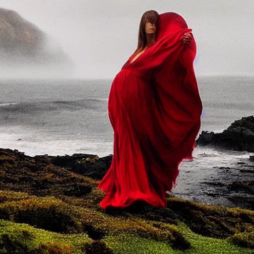 Image similar to dark and moody 1 9 7 0's artistic spaghetti western film in color, a woman in a giant billowy wide long flowing waving red dress, standing inside a green mossy irish rocky scenic landscape, crashing waves and sea foam, volumetric lighting, backlit, moody, atmospheric, fog, extremely windy