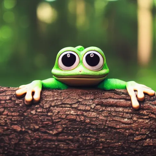 Image similar to baby pepe the frog, larg eyes, sitting on a log, pixar, disney, dynamic lighting, bokeh