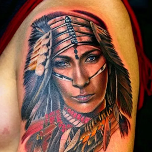 Image similar to tattoo concept of a Native American warrior woman, beautiful, highly detailed