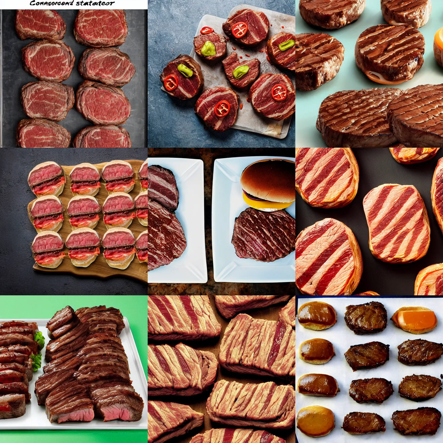 Prompt: hamburger composed of ten steaks
