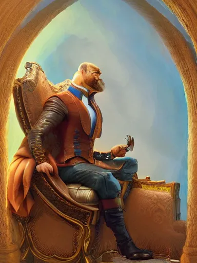 Prompt: a pleasured happy noble man siting in his armchair. intricate, elegant, highly detailed, digital painting, artstation, concept art, sharp focus, illustration, by justin gerard and artgerm, 8 k