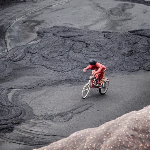 Prompt: elderly man riding a bike in a lava flow, wheelie, stunt, trick, volcano, eruption, magma, lava, canon eos r 3, f / 1. 4, iso 2 0 0, 1 / 1 6 0 s, 8 k, raw, unedited, symmetrical balance, wide angle