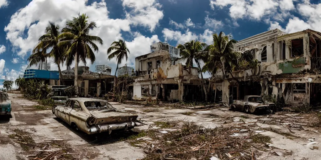 Image similar to wide angle shot of dilapidated fallout 5 miami, tropical coastal city in real life, desolate, dilapidated, some rusted retro futuristic vintage parked vehicles like cars, buses, trucks, trams, sunny weather, few clouds, volumetric lighting, photorealistic, daytime, spring, sharp focus, ultra detailed,