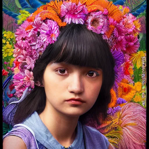 Image similar to real girl dora the explorer, exterior botanical garden, portrait face, colorful, frantisek kupka, intricate, miles johnston, kuroda seiki, cynical realism, ozabu, john william godward, painterly, yoshitaka amano, moebius, miles johnston, louise zhang, james jean, mark ryden lowbrow pop surrealism art style