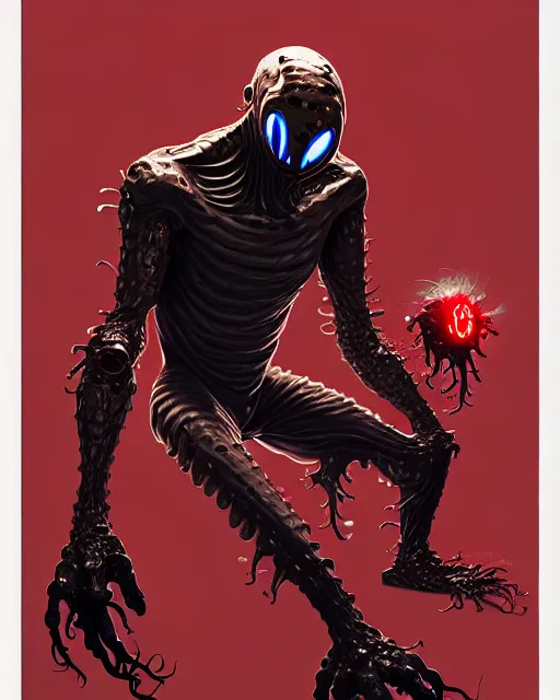 Image similar to highly detailed drawing of mr bean venom cyborg symbiote, by atey ghailan, by greg rutkowski, by greg tocchini, by james gilleard, by joe fenton, by kaethe butcher, red, black, crimson and grey color scheme